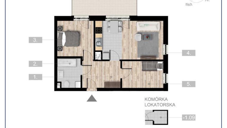 Rzut - Mieszkanie na sprzedaż 3 pokoje o powierzchni 58,28 m² - numer 60 w Szczytno Dąbrowskiego - etap 2