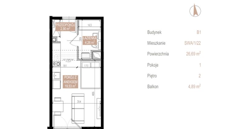 Rzut - Mieszkanie na sprzedaż 1 pokój o powierzchni 26,69 m² - numer SWA/1/22/B w Apartamenty Świeradowska