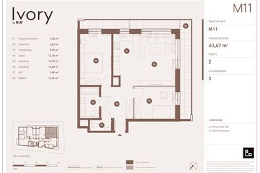 Rzut - Mieszkanie na sprzedaż 3 pokoje o powierzchni 63,67 m² - numer M11 w Ivory