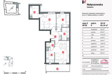 Rzut - Mieszkanie na sprzedaż 3 pokoje o powierzchni 65,16 m² - numer M-128 w Nałęczowska etap II