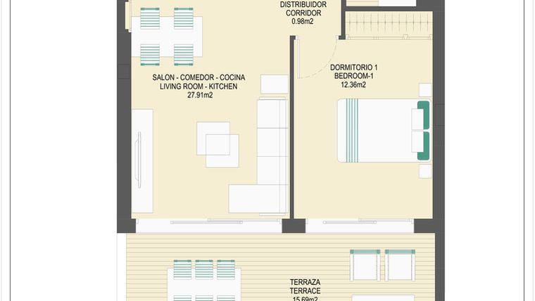 Rzut - Mieszkanie na sprzedaż 2 pokoje o powierzchni 61,18 m² - numer B64C w Arrecife by UrbinCasa