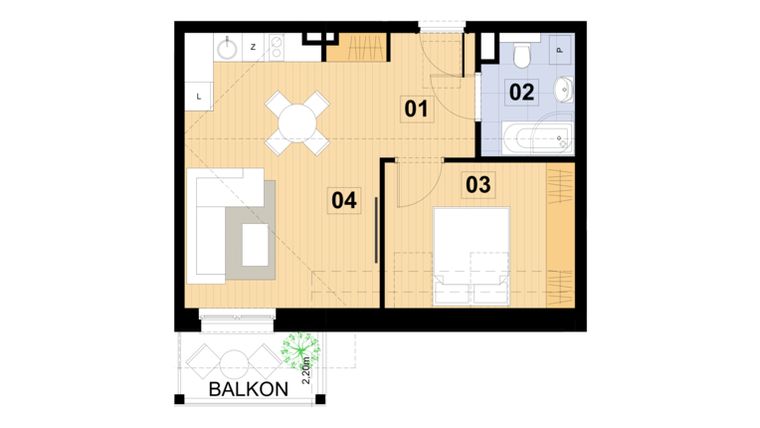 Rzut - Mieszkanie na sprzedaż 2 pokoje o powierzchni 42,74 m² - numer L27 w Green Park Resort III