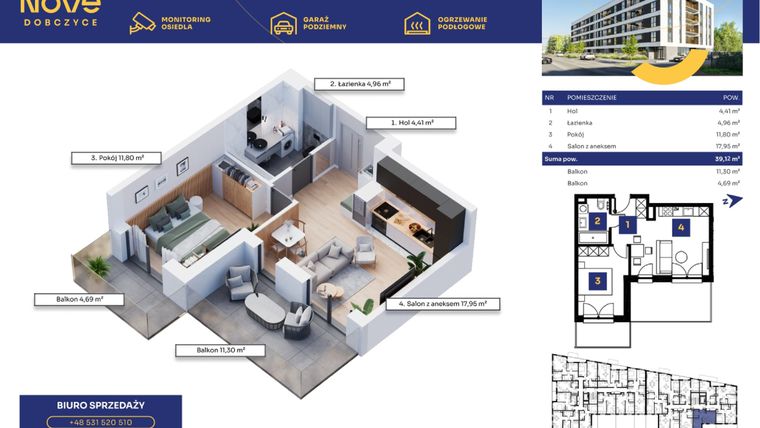 Rzut - Mieszkanie na sprzedaż 2 pokoje o powierzchni 39,12 m² - numer M08 w Nove Dobczyce