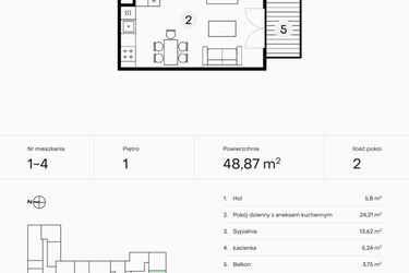 Rzut - Mieszkanie na sprzedaż 2 pokoje o powierzchni 48,87 m² - numer 1-4 w Pączka 1