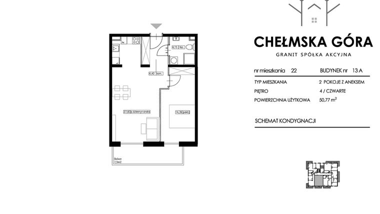 Rzut - Mieszkanie na sprzedaż 2 pokoje o powierzchni 50,77 m² - numer 13A-M22 w Chełmska Góra etap II