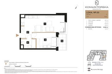 Rzut - Mieszkanie na sprzedaż 2 pokoje o powierzchni 43,68 m² - numer 23 w Konwiktorska Residence