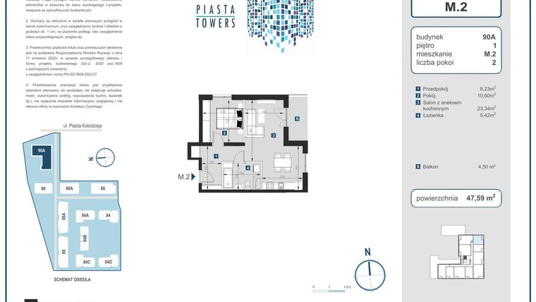 Rzut - Mieszkanie na sprzedaż 2 pokoje o powierzchni 47,59 m² - numer 2 w Piasta Towers bud. 90A