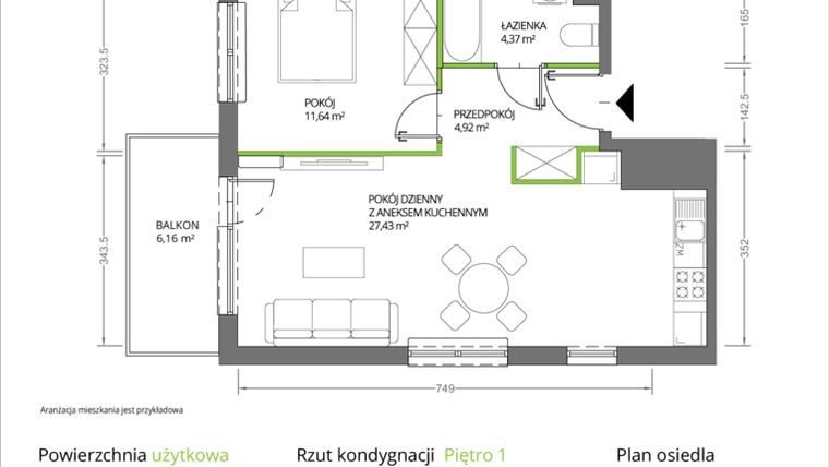 Rzut - Mieszkanie na sprzedaż 2 pokoje o powierzchni 45,41 m² - numer 1/242 w Krakowska Vita