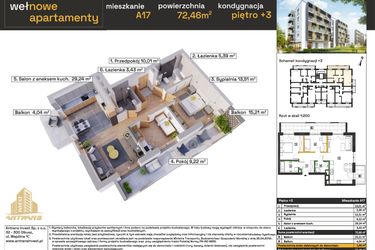 Rzut - Mieszkanie na sprzedaż 3 pokoje o powierzchni 73,12 m² - numer A17 w Osiedle Wełnowe Apartamenty