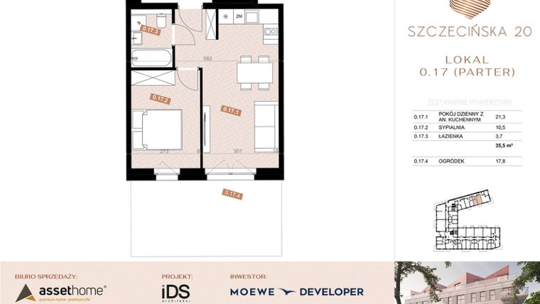 Rzut - Mieszkanie na sprzedaż 2 pokoje o powierzchni 35,3 m² - numer 17 w Szczecińska 20