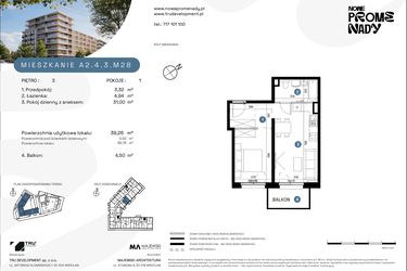 Rzut - Mieszkanie na sprzedaż 1 pokój o powierzchni 39,26 m² - numer A2.4.3.M28 w Nowe Promenady