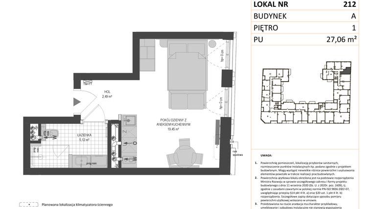 Rzut - Mieszkanie na sprzedaż 1 pokój o powierzchni 27,06 m² - numer A.212 w Esencja - Apartamenty inwestycyjne