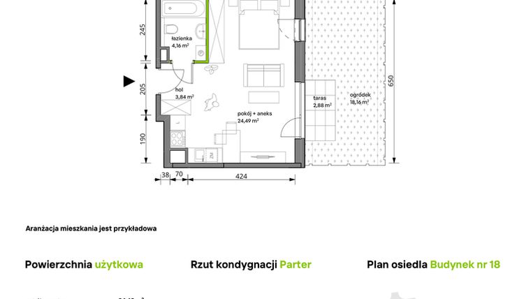 Rzut - Mieszkanie na sprzedaż 1 pokój o powierzchni 32,49 m² - numer 18/073 w Trzcinowa Vita