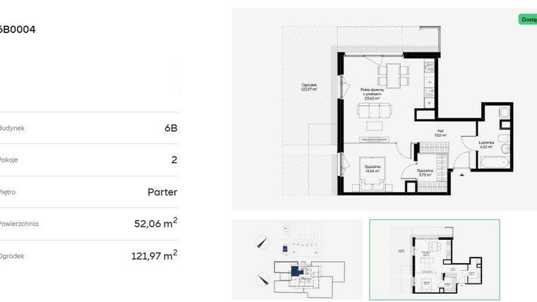 Rzut - Mieszkanie na sprzedaż 2 pokoje o powierzchni 52,06 m² - numer 6B0004 w Jaśminowy Mokotów etap VI