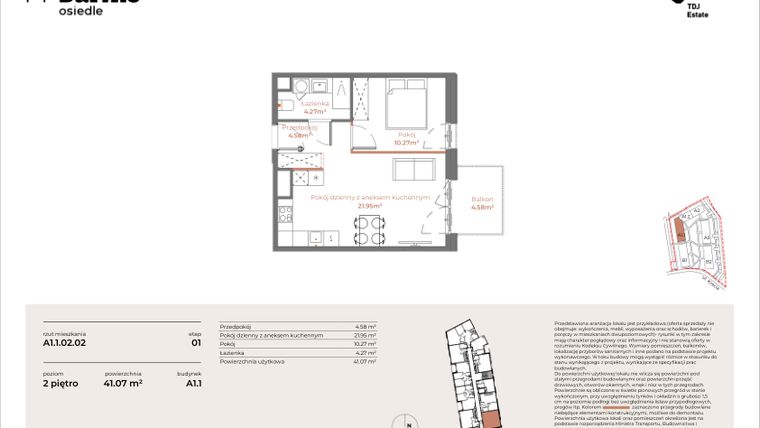 Rzut - Mieszkanie na sprzedaż 2 pokoje o powierzchni 41,07 m² - numer A1.1-02.02 w Sarnie Osiedle