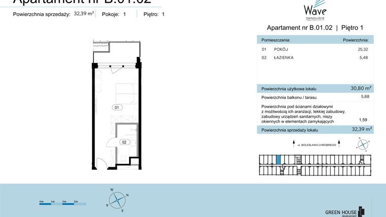 Rzut - Mieszkanie na sprzedaż 1 pokój o powierzchni 32,39 m² - numer B.01.02 w Wave Świnoujście Thermal & Spa