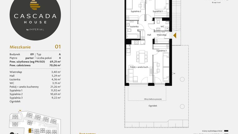 Rzut - Mieszkanie na sprzedaż 4 pokoje o powierzchni 69,25 m² - numer 9.1 w CASCADA House