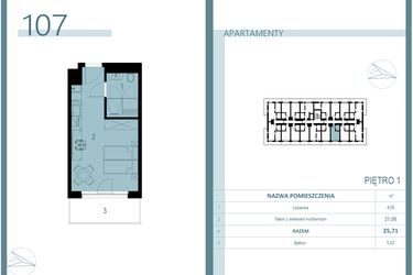 Rzut - Mieszkanie na sprzedaż 1 pokój o powierzchni 25,71 m² - numer 107 w Linea Mare Mrzeżyno