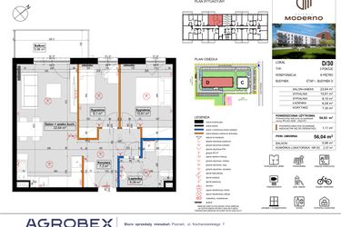 Rzut - Mieszkanie na sprzedaż 3 pokoje o powierzchni 56,04 m² - numer D.30 w Osiedle Moderno