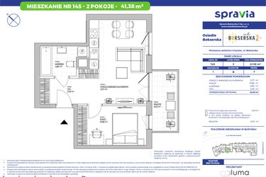 Rzut - Mieszkanie na sprzedaż 2 pokoje o powierzchni 41,38 m² - numer B1.145 w Osiedle Bokserska 2