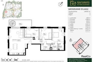 Rzut - Mieszkanie na sprzedaż 4 pokoje o powierzchni 108,91 m² - numer D1.M12 w Apartamenty przy Parku Szczytnickim