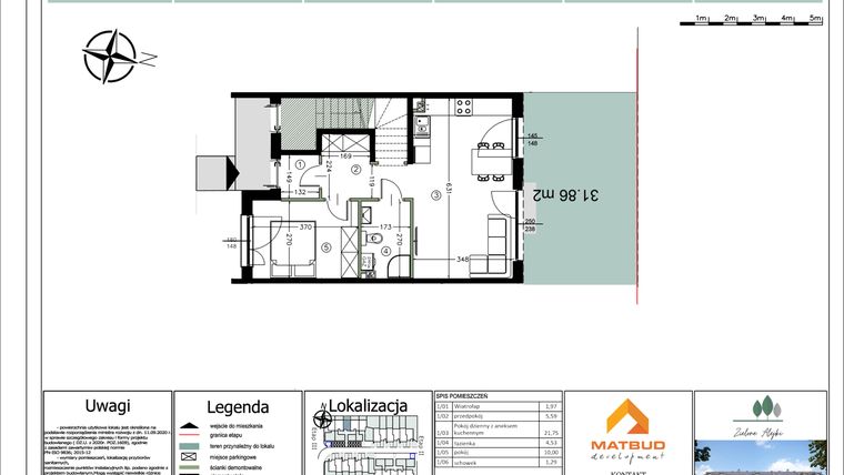 Rzut - Mieszkanie na sprzedaż 2 pokoje o powierzchni 45,13 m² - numer 20C/1 w Zielone Alejki etap II