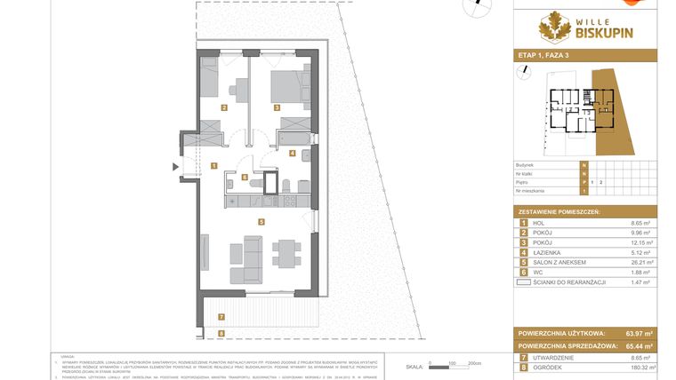 Rzut - Mieszkanie na sprzedaż 3 pokoje o powierzchni 65,44 m² - numer N1 w Wille Biskupin III