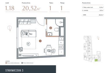 Rzut - Mieszkanie na sprzedaż 1 pokój o powierzchni 20,52 m² - numer 1.18 w Starowiejska 3