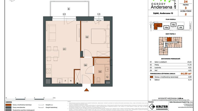 Rzut - Mieszkanie na sprzedaż 2 pokoje o powierzchni 44,09 m² - numer 24A w Ogrody Andersena