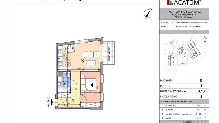Rzut - Mieszkanie na sprzedaż 2 pokoje o powierzchni 47,17 m² - numer B13 w Daszyńskiego Park