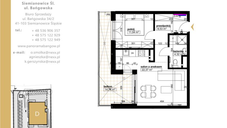 Rzut - Mieszkanie na sprzedaż 2 pokoje o powierzchni 46,26 m² - numer D.2.1 w Panorama Bańgów Etap II