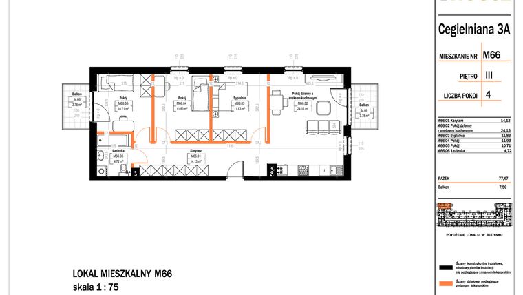 Rzut - Mieszkanie na sprzedaż 4 pokoje o powierzchni 77,47 m² - numer 66 w Osiedle StaLove etap II