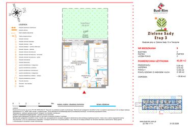 Rzut - Mieszkanie na sprzedaż 2 pokoje o powierzchni 43,2 m² - numer 9 w Zielone Sady etap III B2