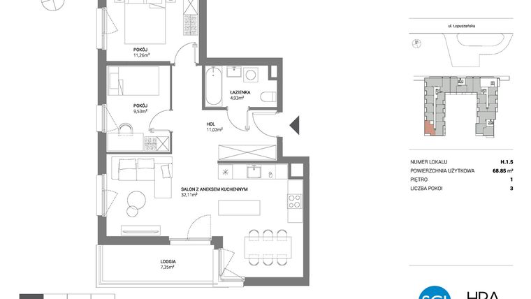 Rzut - Mieszkanie na sprzedaż 3 pokoje o powierzchni 68,85 m² - numer H.1.5 w Łopuszańska 47 - etap 3