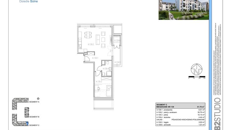 Rzut - Mieszkanie na sprzedaż 2 pokoje o powierzchni 51,79 m² - numer 139 w Osiedle Solne etap II