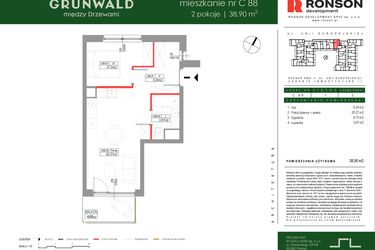 Rzut - Mieszkanie na sprzedaż 2 pokoje o powierzchni 38,9 m² - numer C088 w Grunwald Między Drzewami etap III
