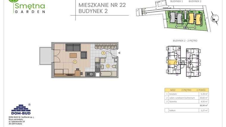 Rzut - Mieszkanie na sprzedaż 1 pokój o powierzchni 30,94 m² - numer 22 w Smętna Garden