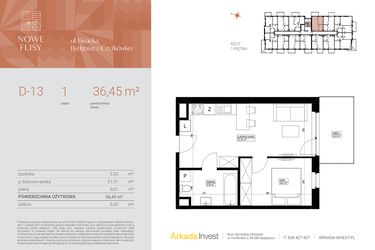 Rzut - Mieszkanie na sprzedaż 2 pokoje o powierzchni 36,45 m² - numer M13_NF.d w Nowe Flisy II