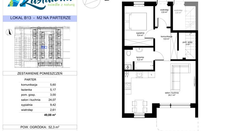 Rzut - Mieszkanie na sprzedaż 2 pokoje o powierzchni 49,88 m² - numer B.13 w Zastawna OdNova