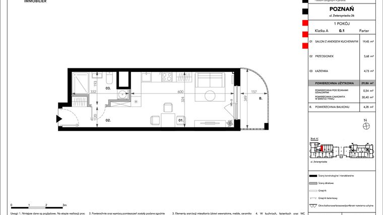 Rzut - Mieszkanie na sprzedaż 1 pokój o powierzchni 29,86 m² - numer B.A.0.1 w Zajezdnia