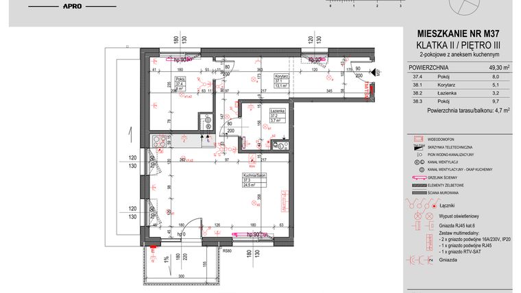 Rzut - Mieszkanie na sprzedaż 2 pokoje o powierzchni 49,3 m² - numer M37 w Antczaka 46