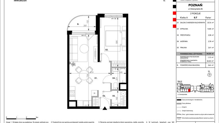 Rzut - Mieszkanie na sprzedaż 2 pokoje o powierzchni 44,38 m² - numer B.A.0.7 w Zajezdnia