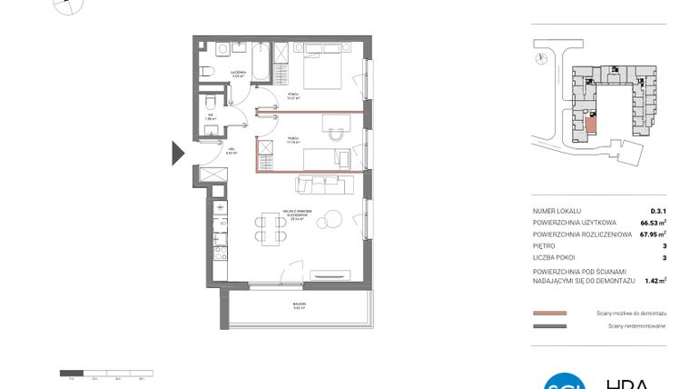 Rzut - Mieszkanie na sprzedaż 3 pokoje o powierzchni 68,98 m² - numer D.3.1 w Łopuszańska 47 - etap 2