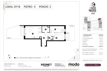 Rzut - Mieszkanie na sprzedaż 3 pokoje o powierzchni 64,43 m² - numer D118 w Osiedle Witaj etap II