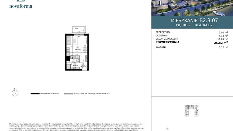 Rzut - Mieszkanie na sprzedaż 1 pokój o powierzchni 25,82 m² - numer B2.3.07 w Novaforma II