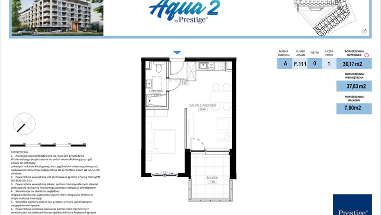 Rzut - Mieszkanie na sprzedaż 1 pokój o powierzchni 36,17 m² - numer F.111 w Bel Mare (Międzyzdroje)