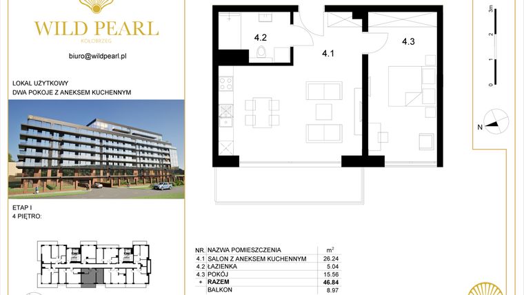 Rzut - Mieszkanie na sprzedaż 2 pokoje o powierzchni 46,84 m² - numer 4.4 w Wild Pearl - apartamenty inwestycyjne