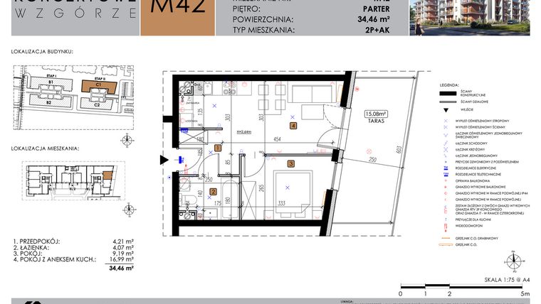 Rzut - Mieszkanie na sprzedaż 2 pokoje o powierzchni 34,46 m² - numer C1_M42 w Koncertowe Wzgórze etap II