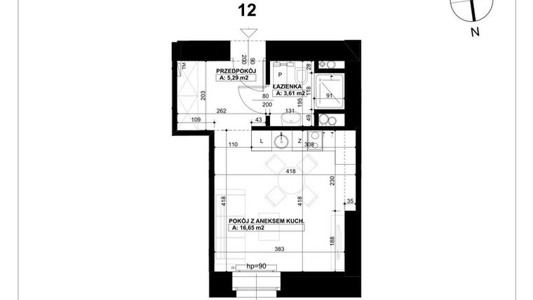 Rzut - Mieszkanie na sprzedaż 1 pokój o powierzchni 25,55 m² - numer 12 w Święty Marcin 65