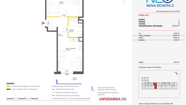 Rzut - Mieszkanie na sprzedaż 3 pokoje o powierzchni 52,41 m² - numer 7 w Neo Nova Ochota 2